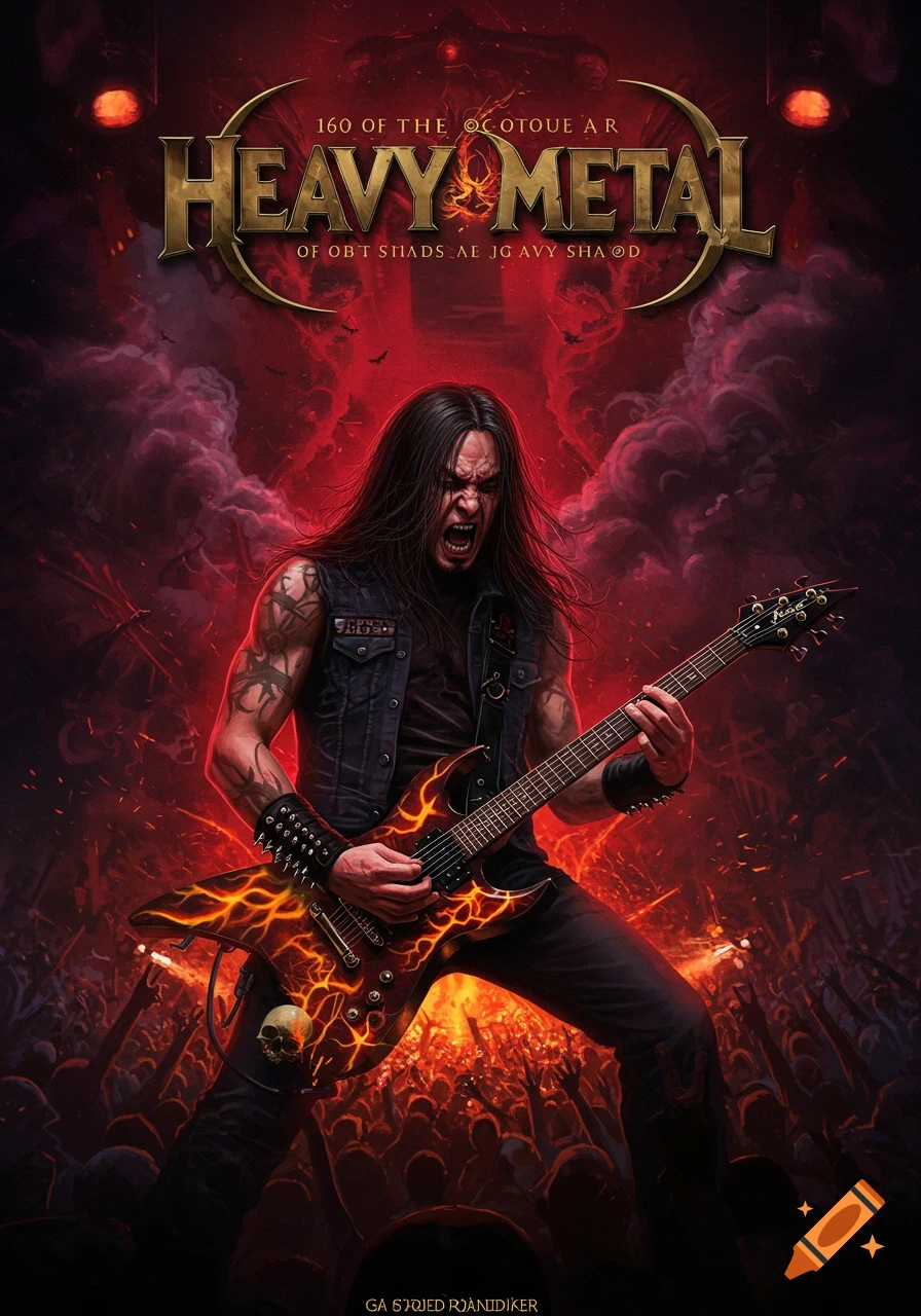 A long-haired heavy metal guitarist passionately performs on stage amidst red smoke and fire, with a silhouetted crowd below.