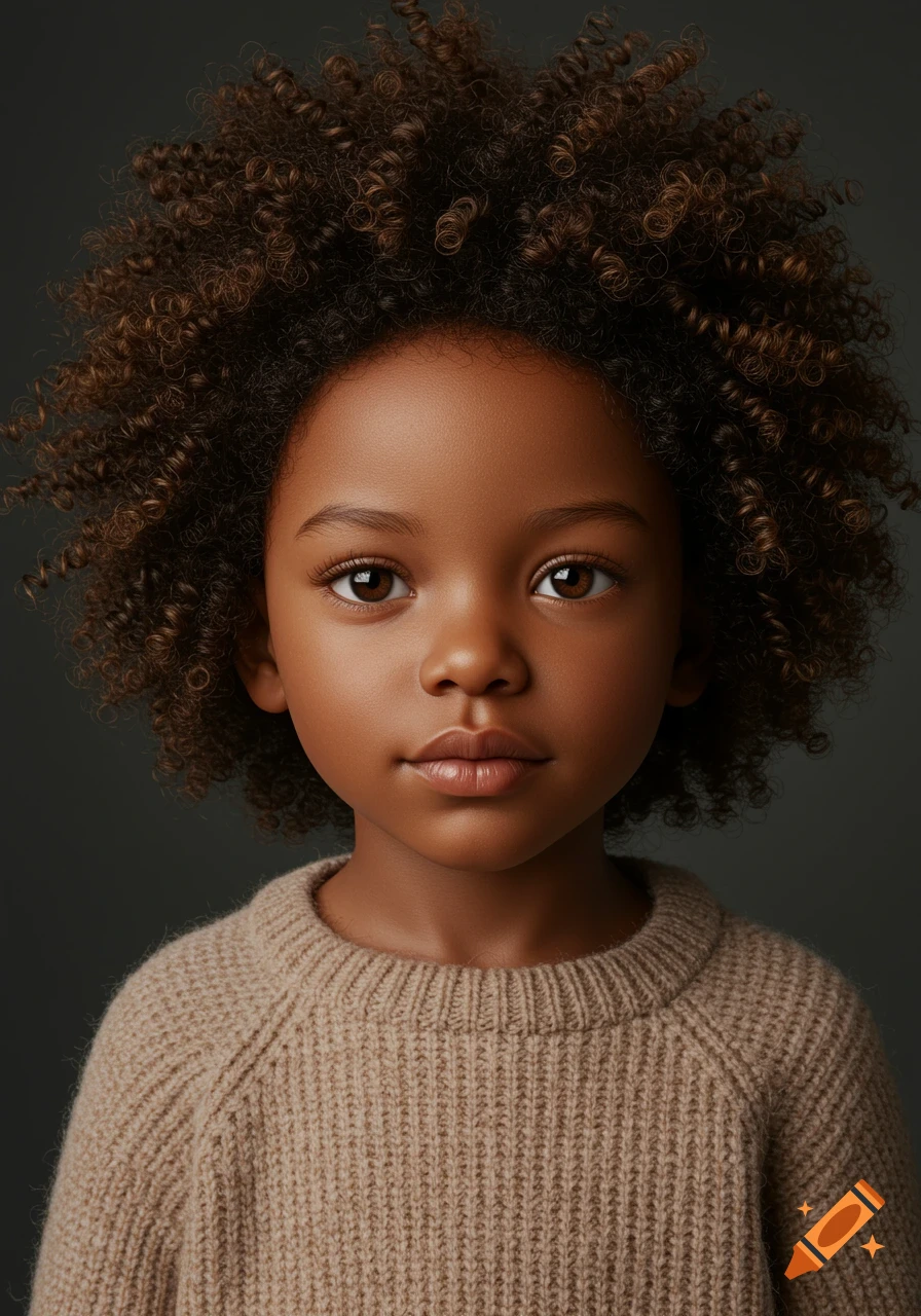 Close-up photorealistic studio portrait of a child with curly hair and a brown sweater.