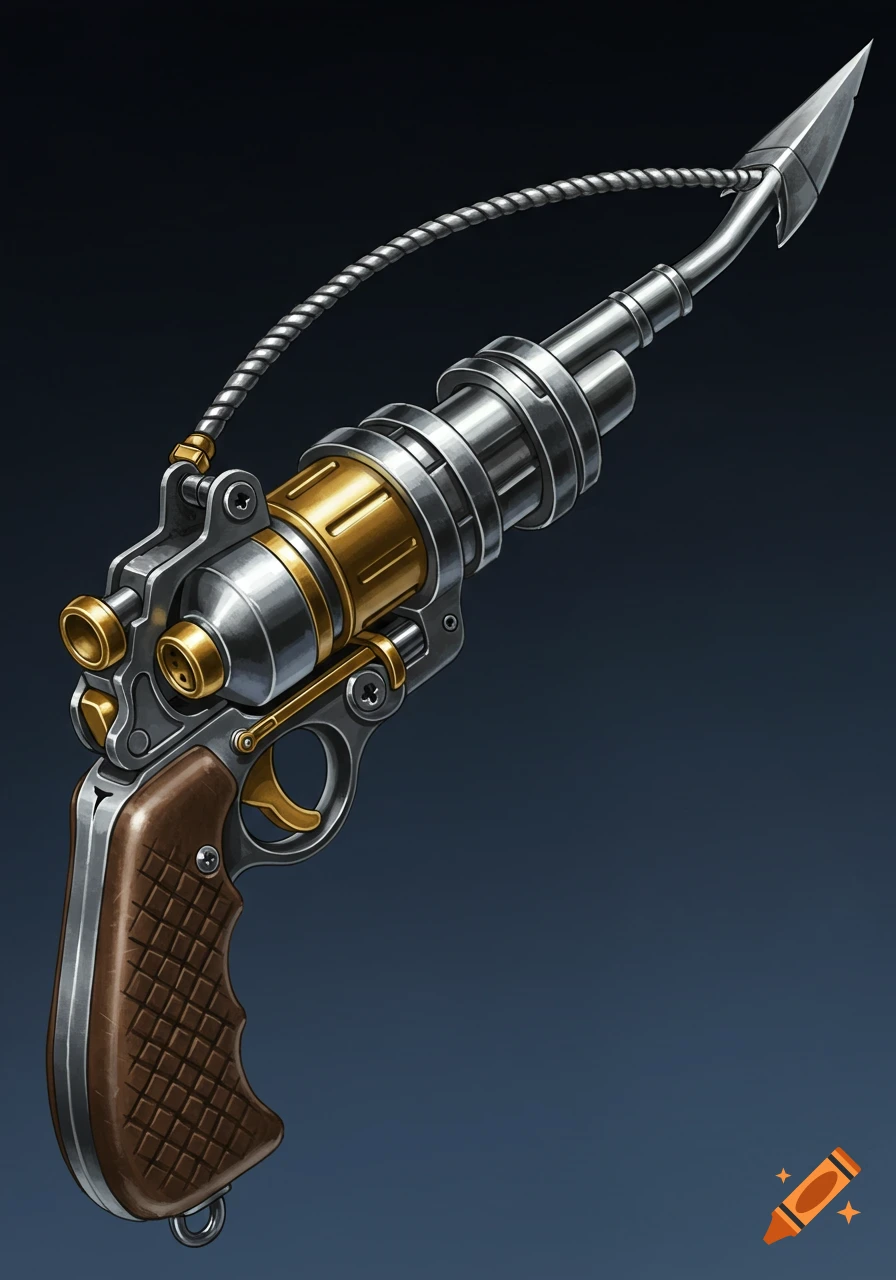 A detailed illustration of a steampunk pneumatic harpoon pistol with a brown handle and metallic components against a dark background.
