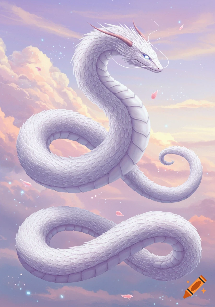 A white serpentine dragon with glowing blue eyes floats gracefully among soft pink and purple clouds with sparkling lights and falling petals, in an ethereal digital art style.