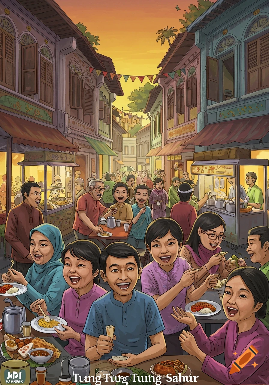 A vibrant cartoon illustration of a bustling street scene with many people eating at food stalls under traditional buildings at sunset.