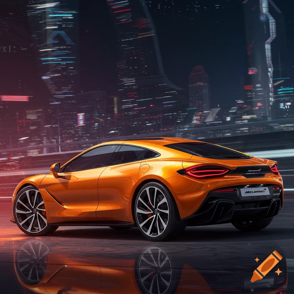 An orange McLaren sports car with glowing taillights drives on a wet city street at night, with a blurred cityscape in the background.