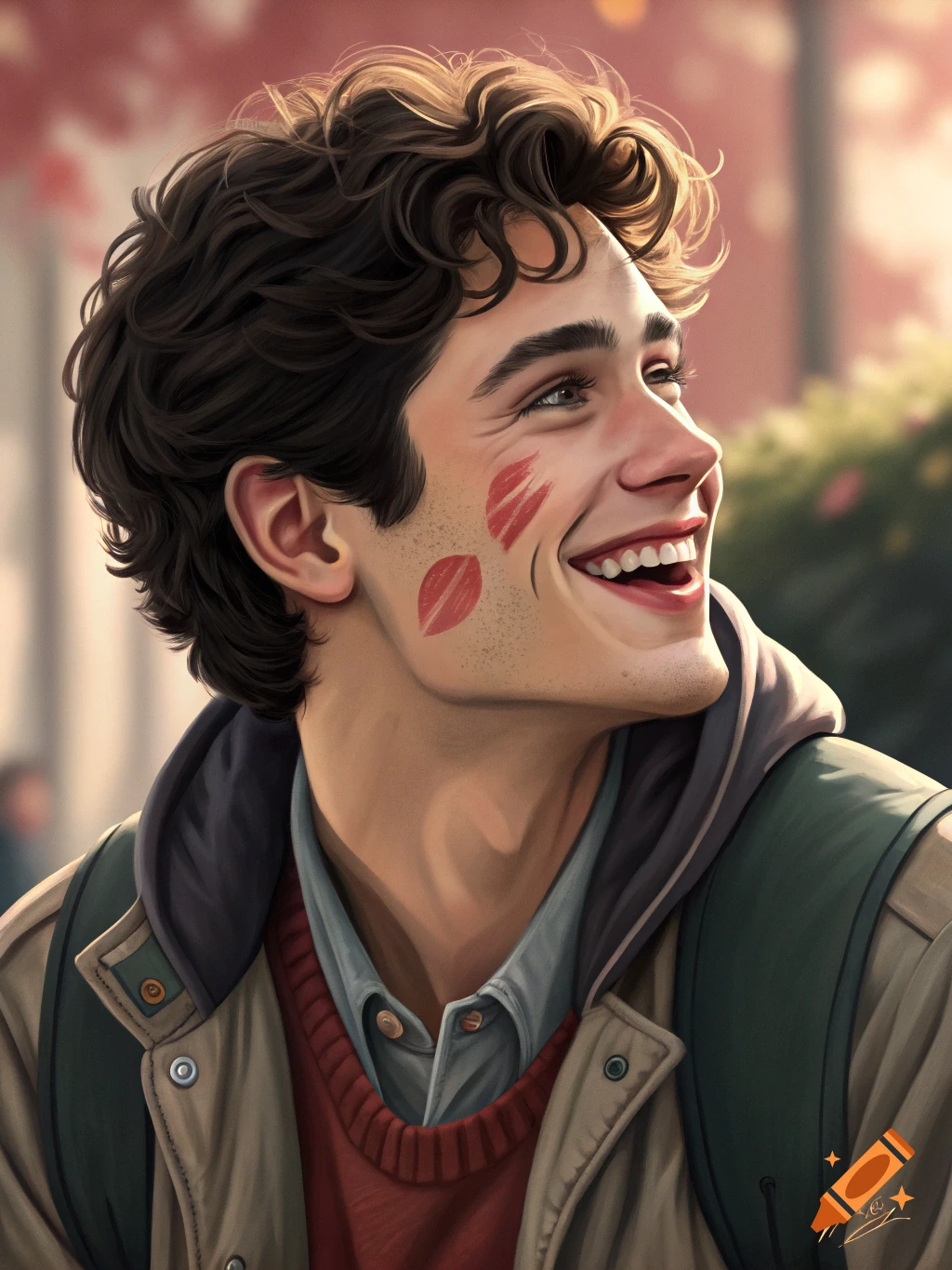 Photorealistic portrait of a smiling young man with curly brown hair and red lipstick marks on his cheek, wearing a jacket outdoors.