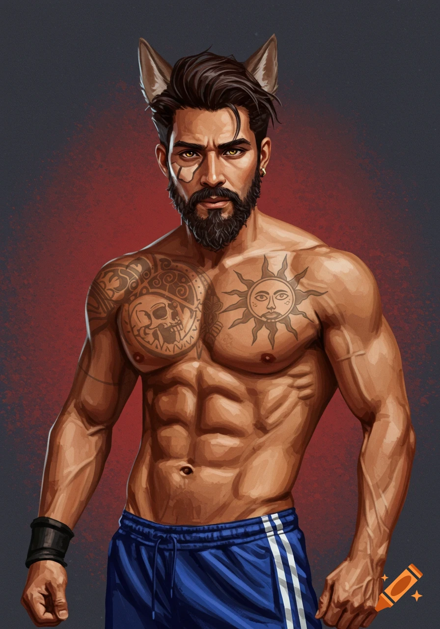 An illustration of a muscular man with wolf ears, a beard, and tattoos, wearing blue athletic shorts.