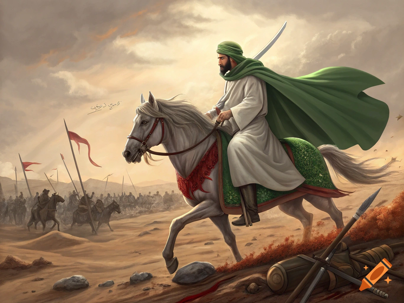 A bearded man in a white tunic and green turban on a white horse rides across a desert battlefield towards an army, holding a sword.