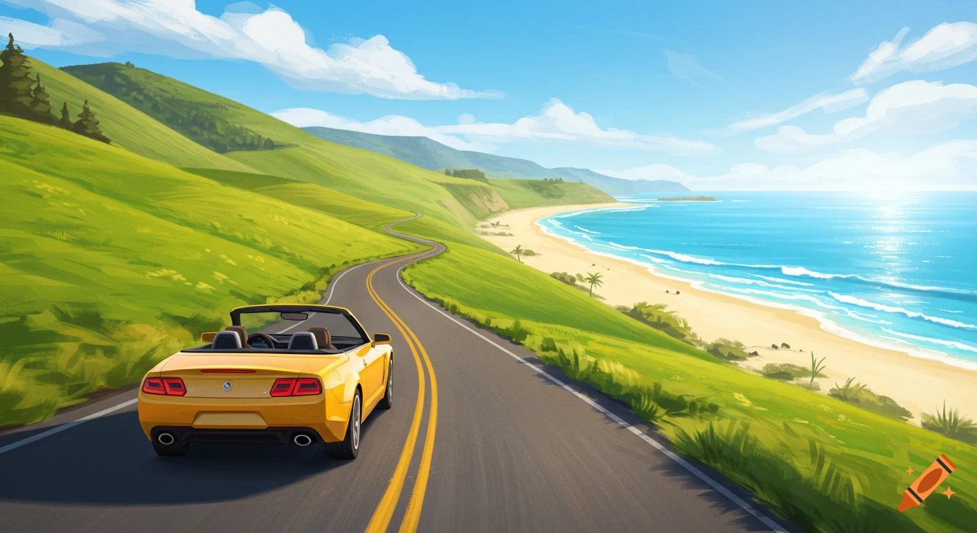 A yellow convertible drives on a winding road alongside a sunny beach and green hills in a painterly style.