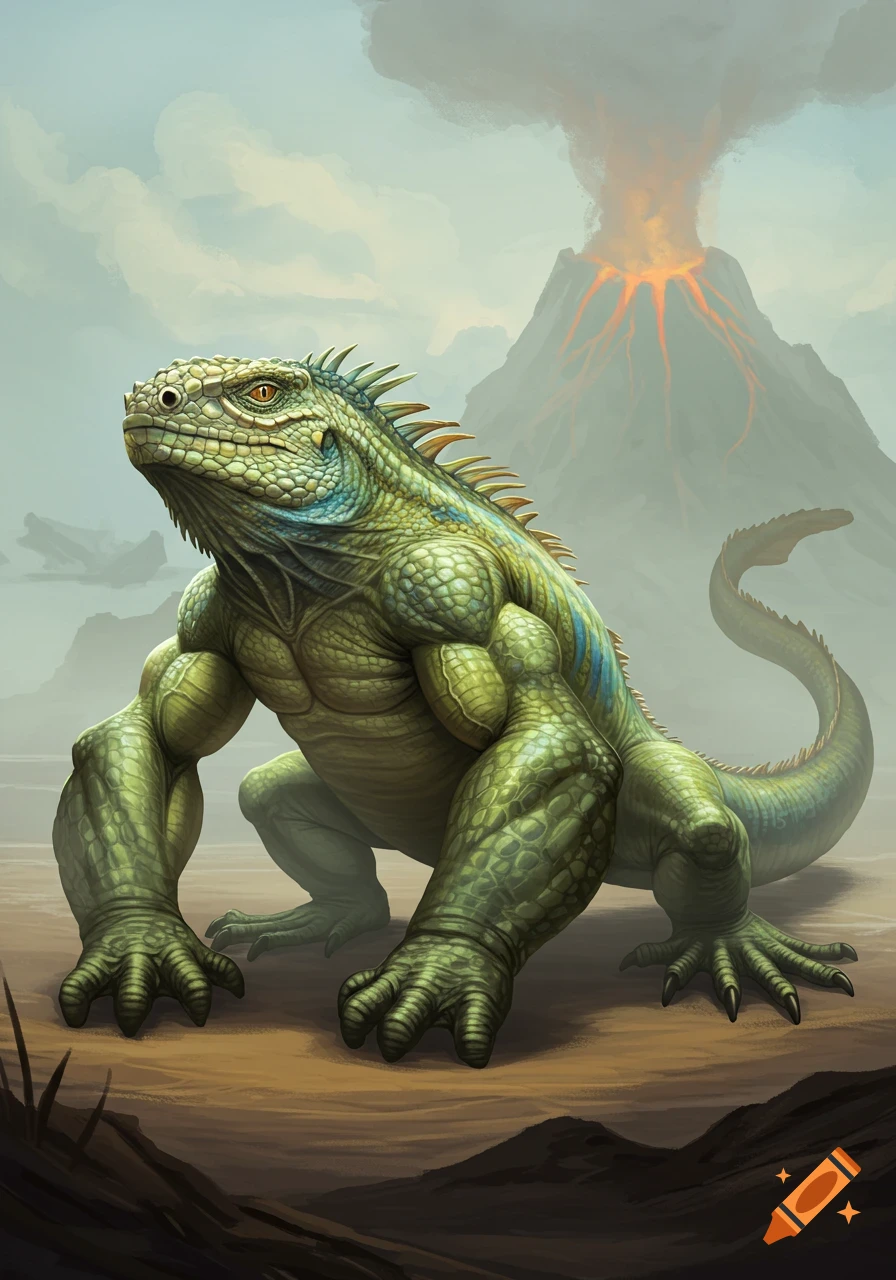 A muscular green iguana-like creature stands on all fours in a rugged, barren landscape with an erupting volcano in the background.