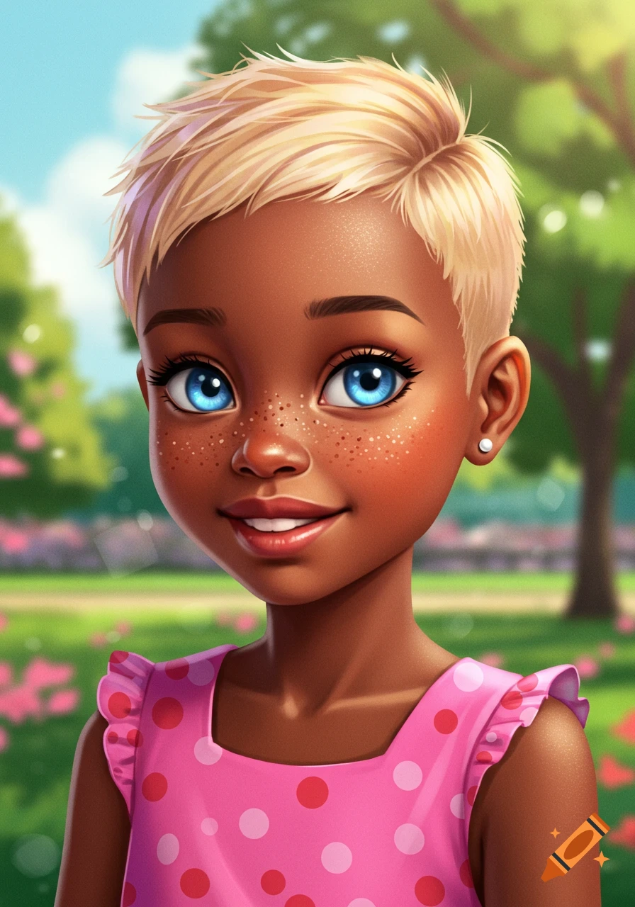 A cartoon illustration of a Black girl with short blonde hair, blue eyes, and freckles, wearing a pink polka dot dress, in a park.