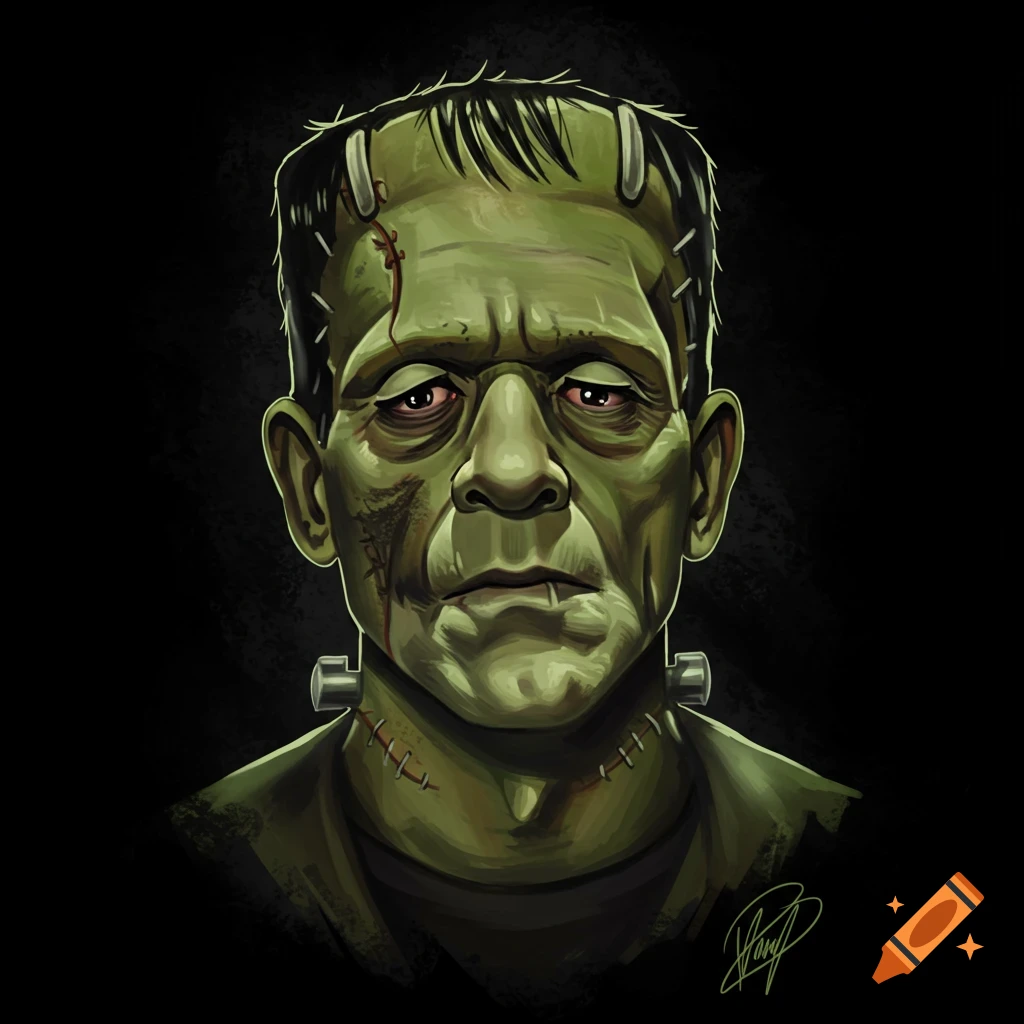 Close-up illustration of Frankenstein's monster with green skin, stitches, and neck bolts on a dark background.