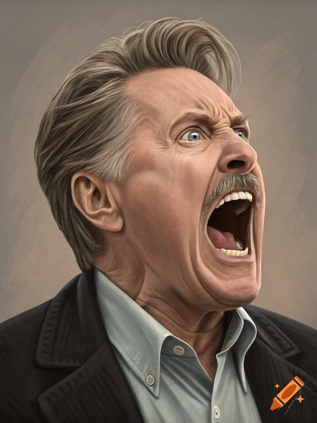 A detailed caricature of a man resembling Martin Sheen with a mustache screaming, depicted in a highly expressive style.