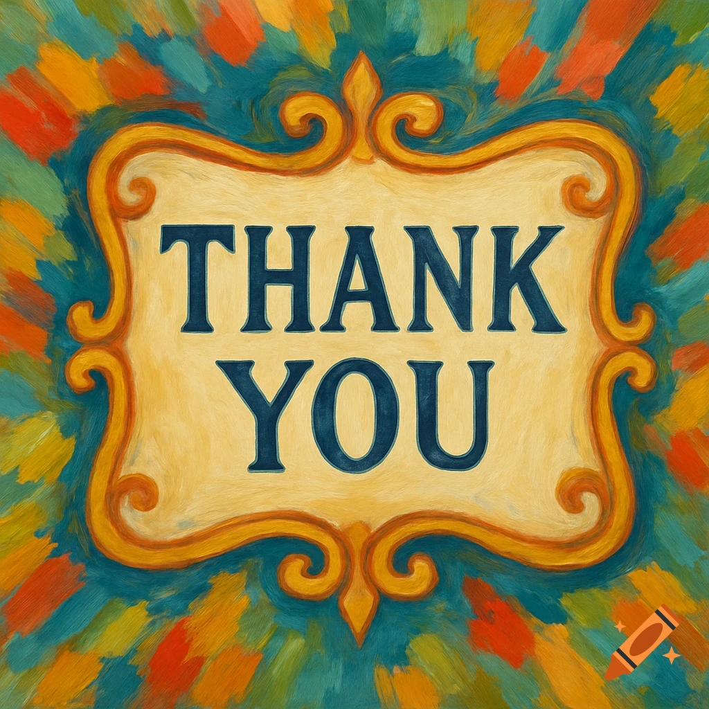 A decorative, painterly sign with an ornate golden border against a vibrant brushstroke background, displaying the words 'THANK YOU' in dark blue.