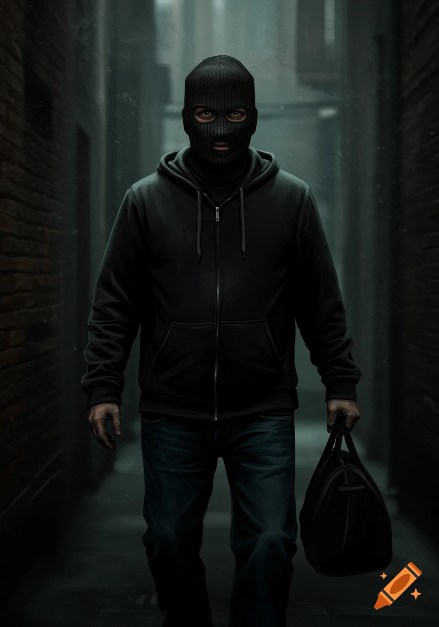 A person in a black balaclava and hoodie stands in a dark alley, holding a bag, in a stylized illustration.