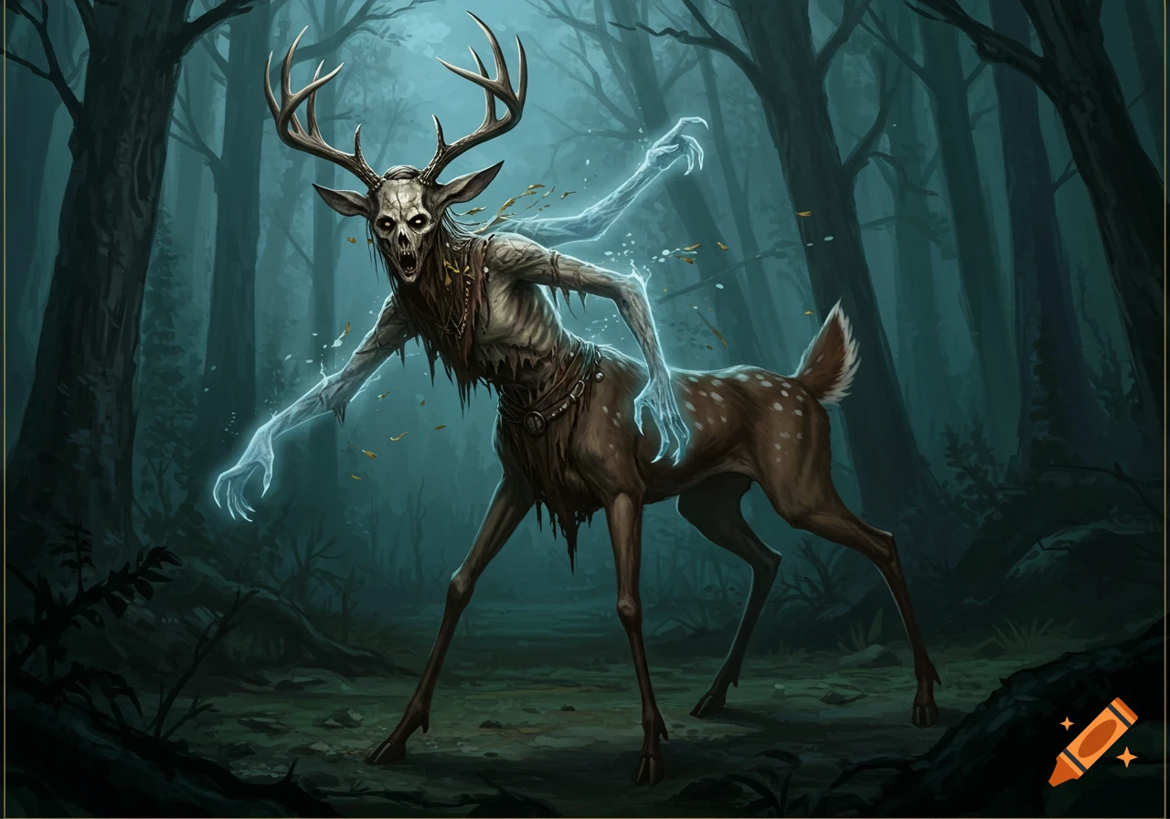 A skeletal, decaying creature with glowing arms and a deer lower body stands in a dark, misty forest, fantasy art.
