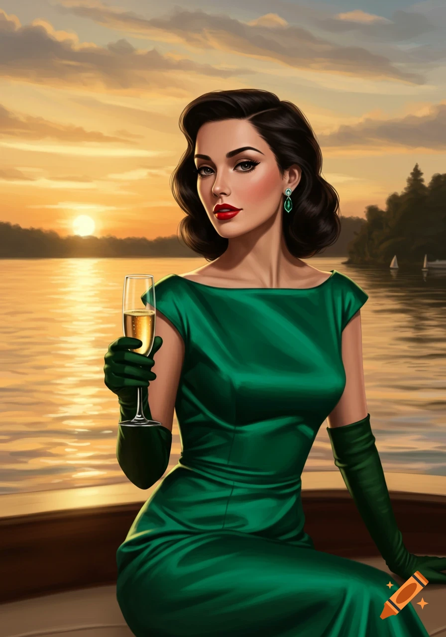 A woman in a green 50s-style gown holds a glass of champagne on a boat at sunset.