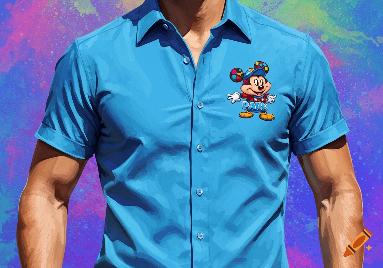 A blue button-up uniform shirt with a cartoon Mickey Mouse character and 'PARK' text, digital painting style.