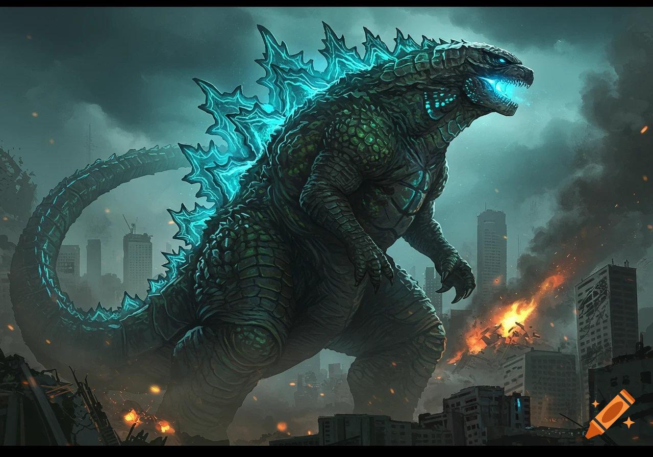 Godzilla with glowing blue spines and eyes stands amidst a destroyed, burning city under a dark, stormy sky.
