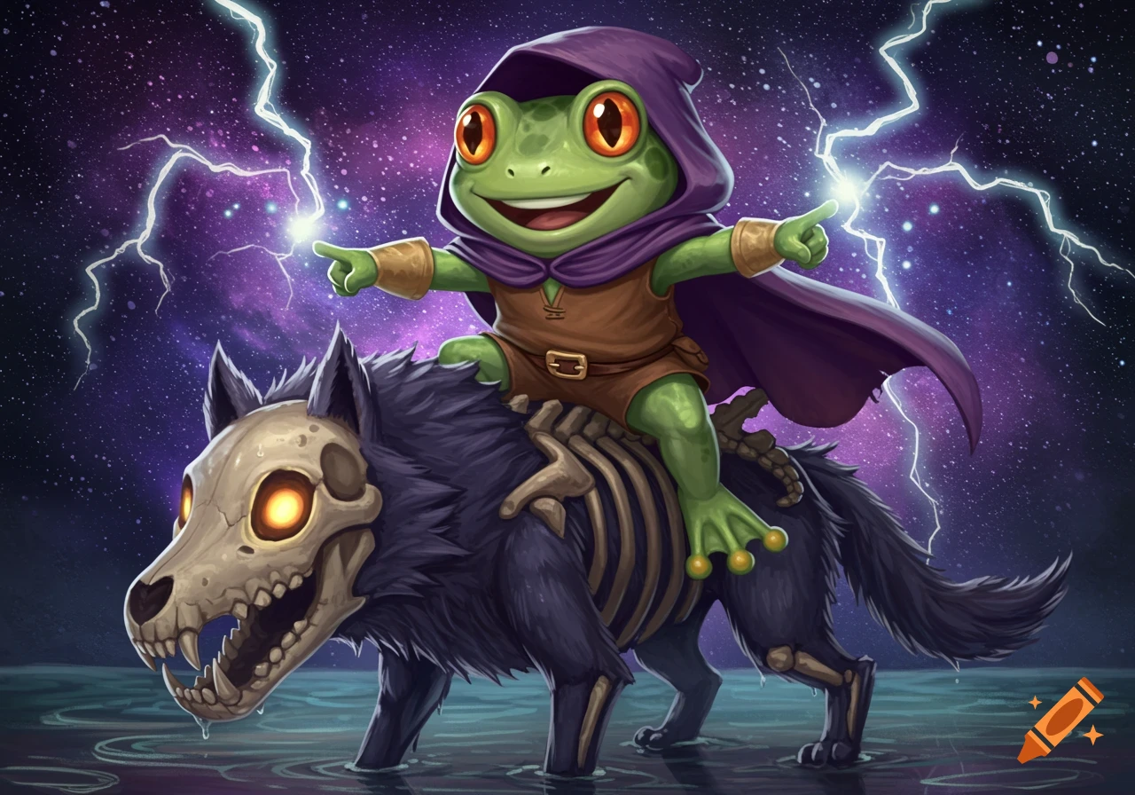 A happy, green frog in a purple cloak rides a skeletal wolf under a cosmic sky with lightning, in a cartoon fantasy style.
