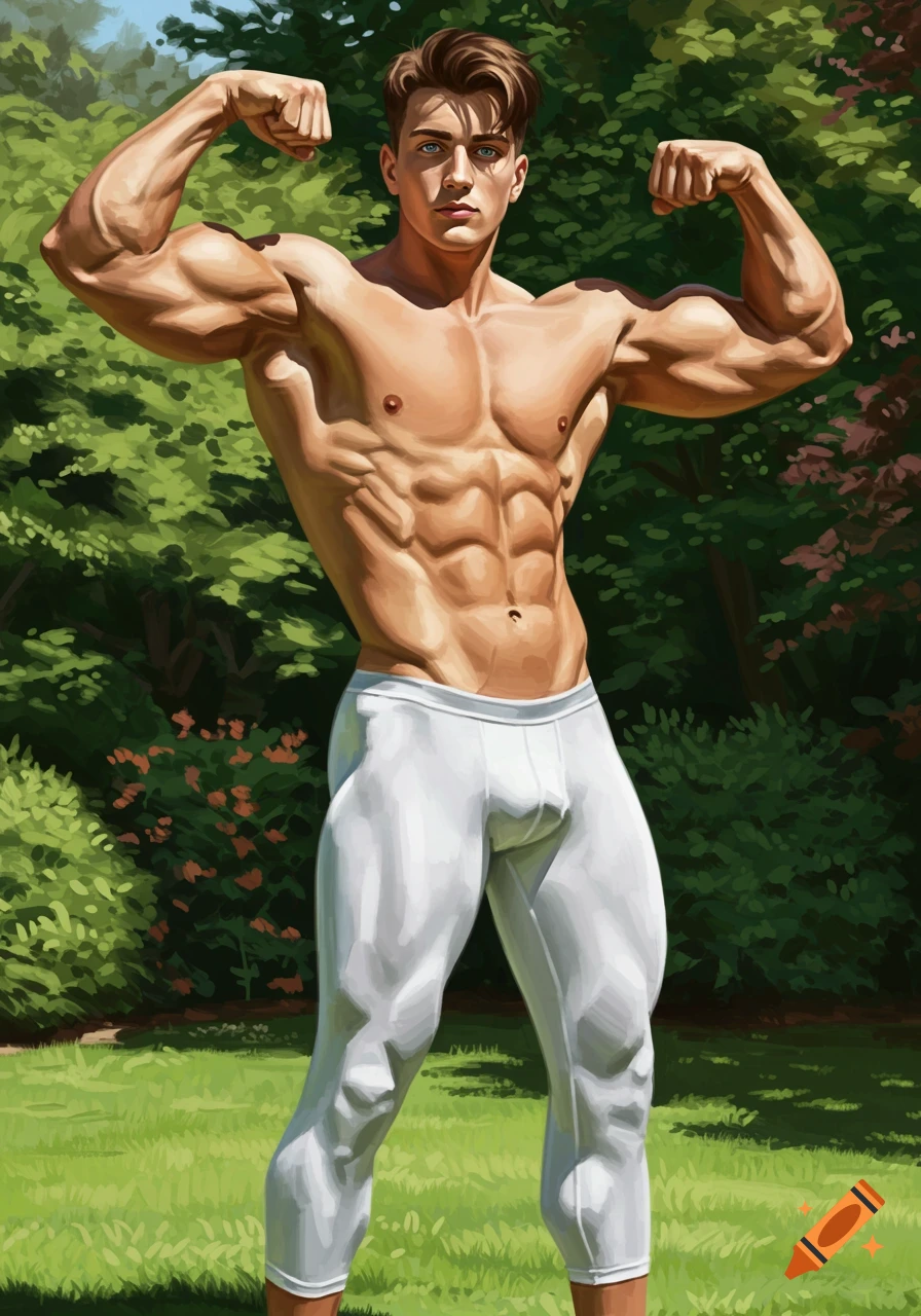A muscular man with brown hair and blue eyes, shirtless and wearing white tight leggings, flexing in a sunny garden. Digital art style.