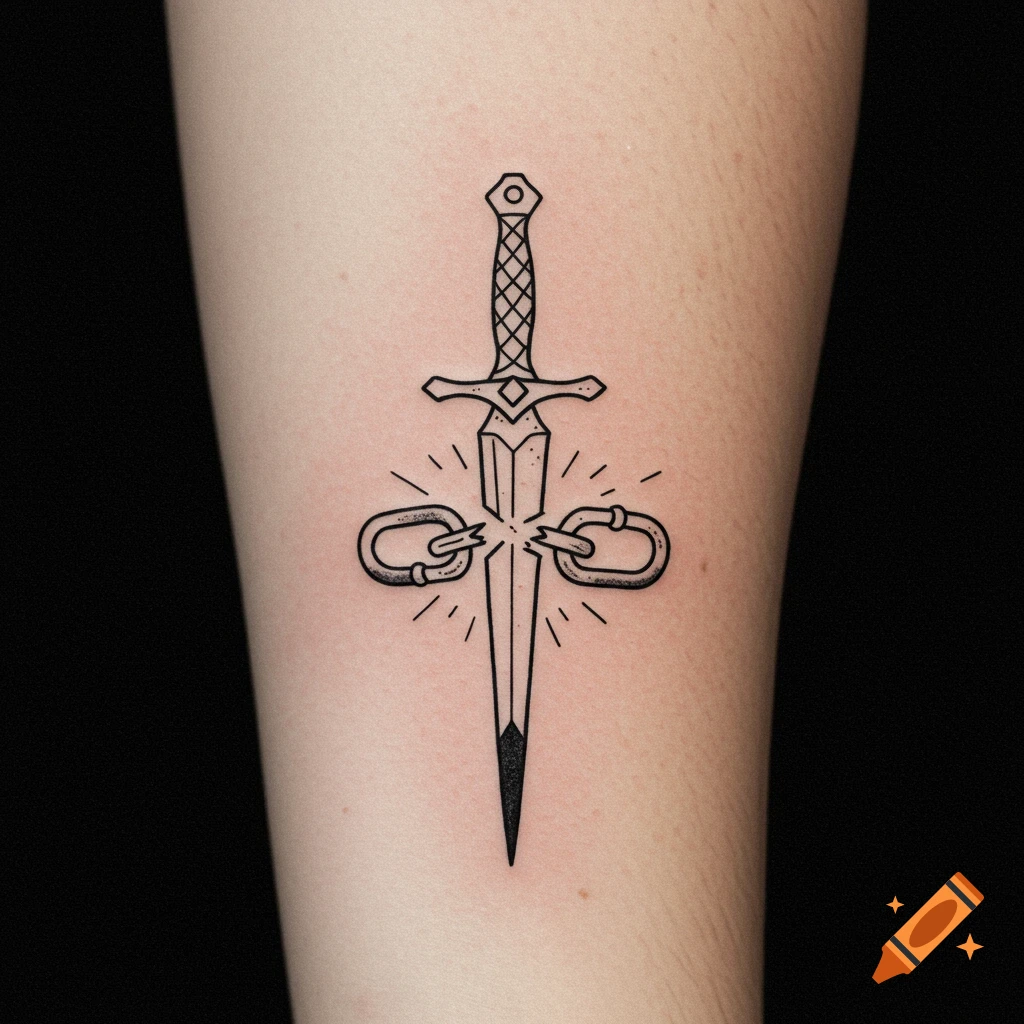 A minimalist black line art tattoo of a dagger piercing and breaking a chain, on a person's arm.