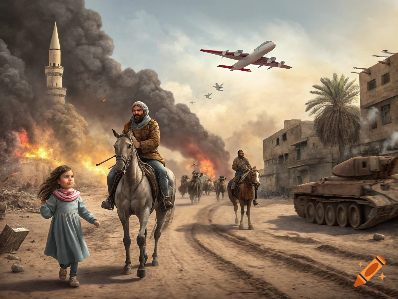 A war-torn Middle Eastern landscape with a young girl walking in the foreground, men on horseback, a tank, and explosions in the background under a sky with airplanes and heavy smoke.