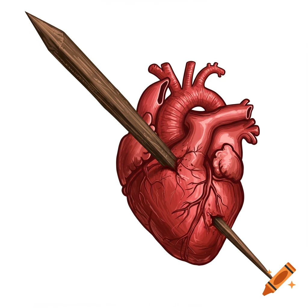 Stylized illustration of a red anatomical human heart pierced by a brown wooden stake on a white background.