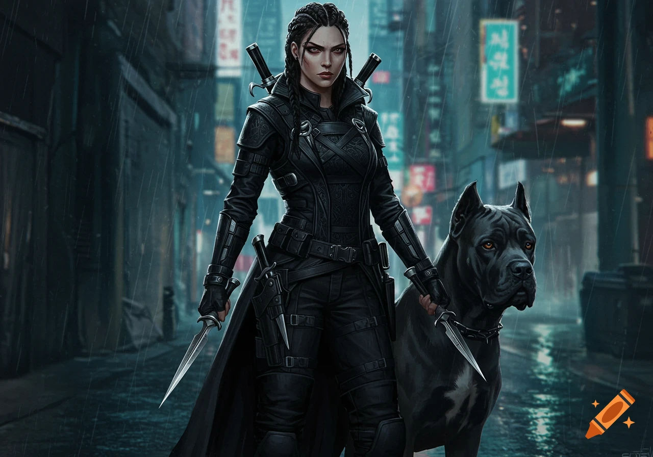 A female assassin in black armor holds daggers in a rainy, neon-lit city street with a black Cane Corso dog by her side.