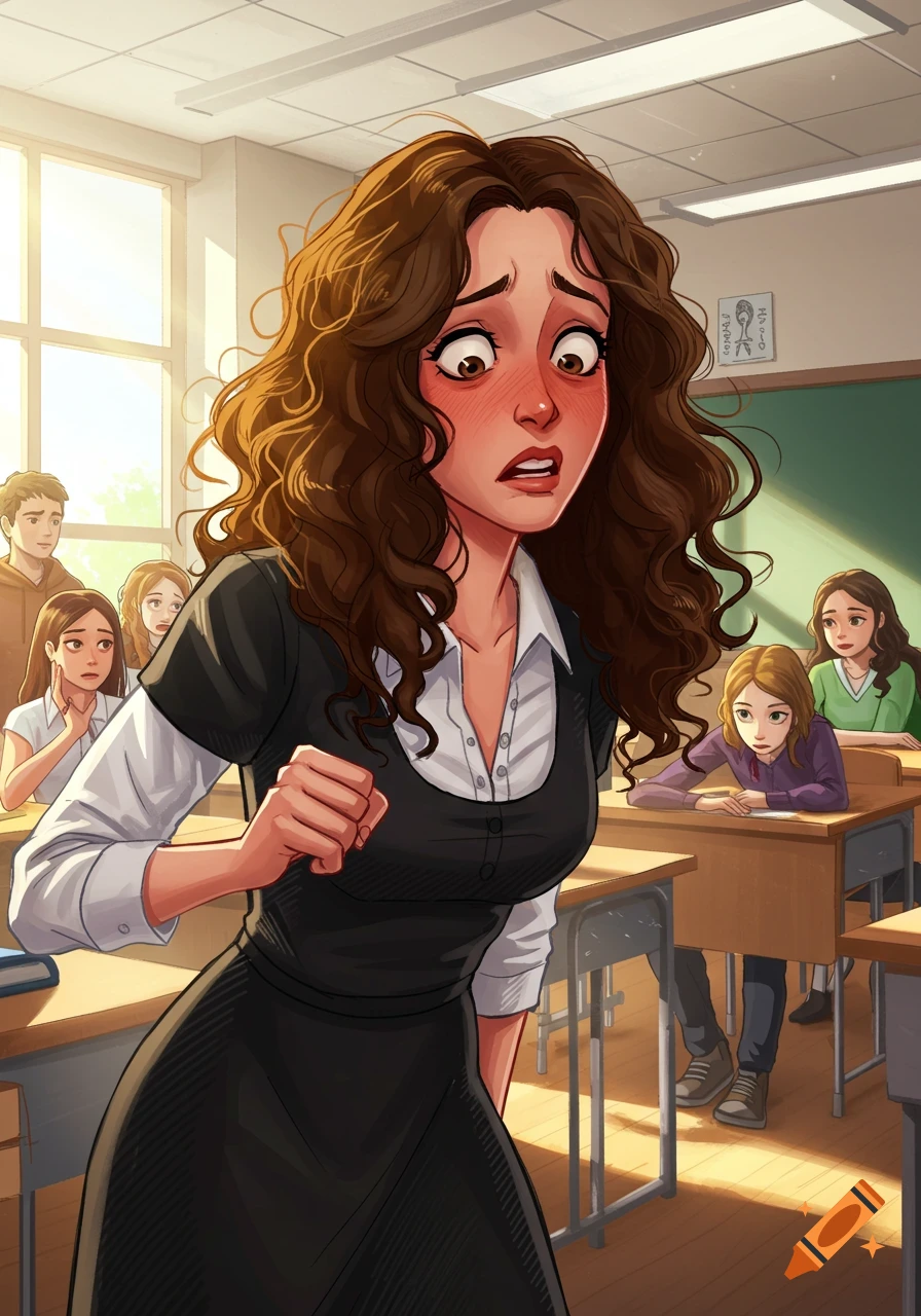 A distressed female teacher with curly brown hair clenches her fist in a classroom, observed by students in a cartoon style.