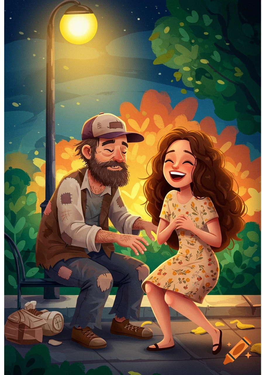 A vibrant illustration of a bearded man in patched clothes and a young woman laughing joyfully under a glowing streetlamp at night.