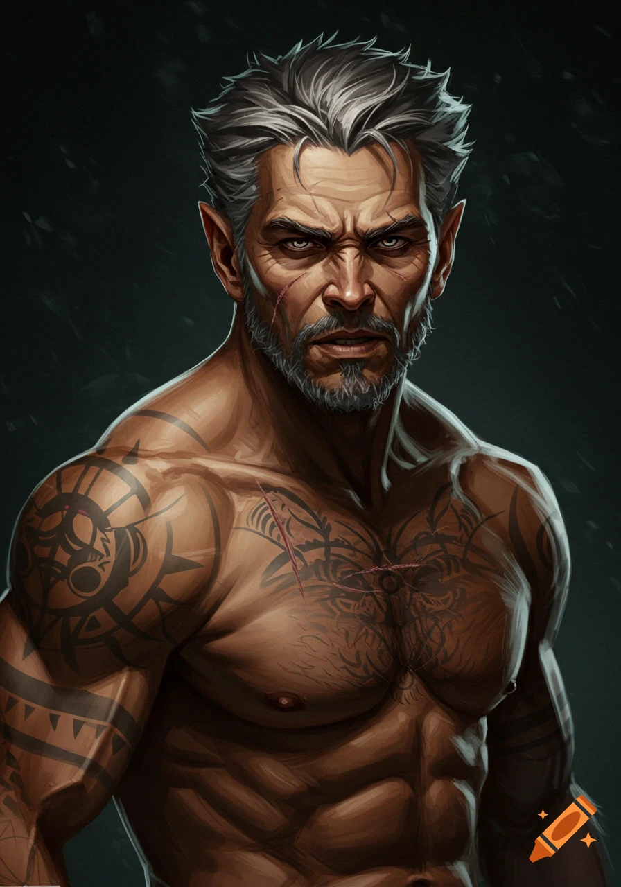 A muscular, scowling man with gray hair, a beard, tattoos, and scars, depicted in a detailed digital painting.