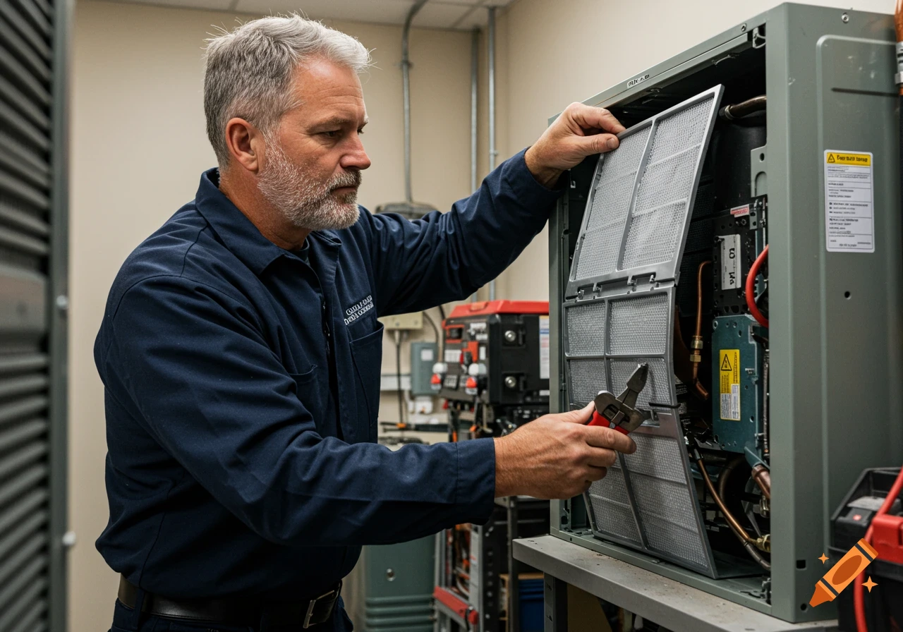 A male HVAC technician in a blue uniform removes a filter from an air conditioning unit during maintenance.