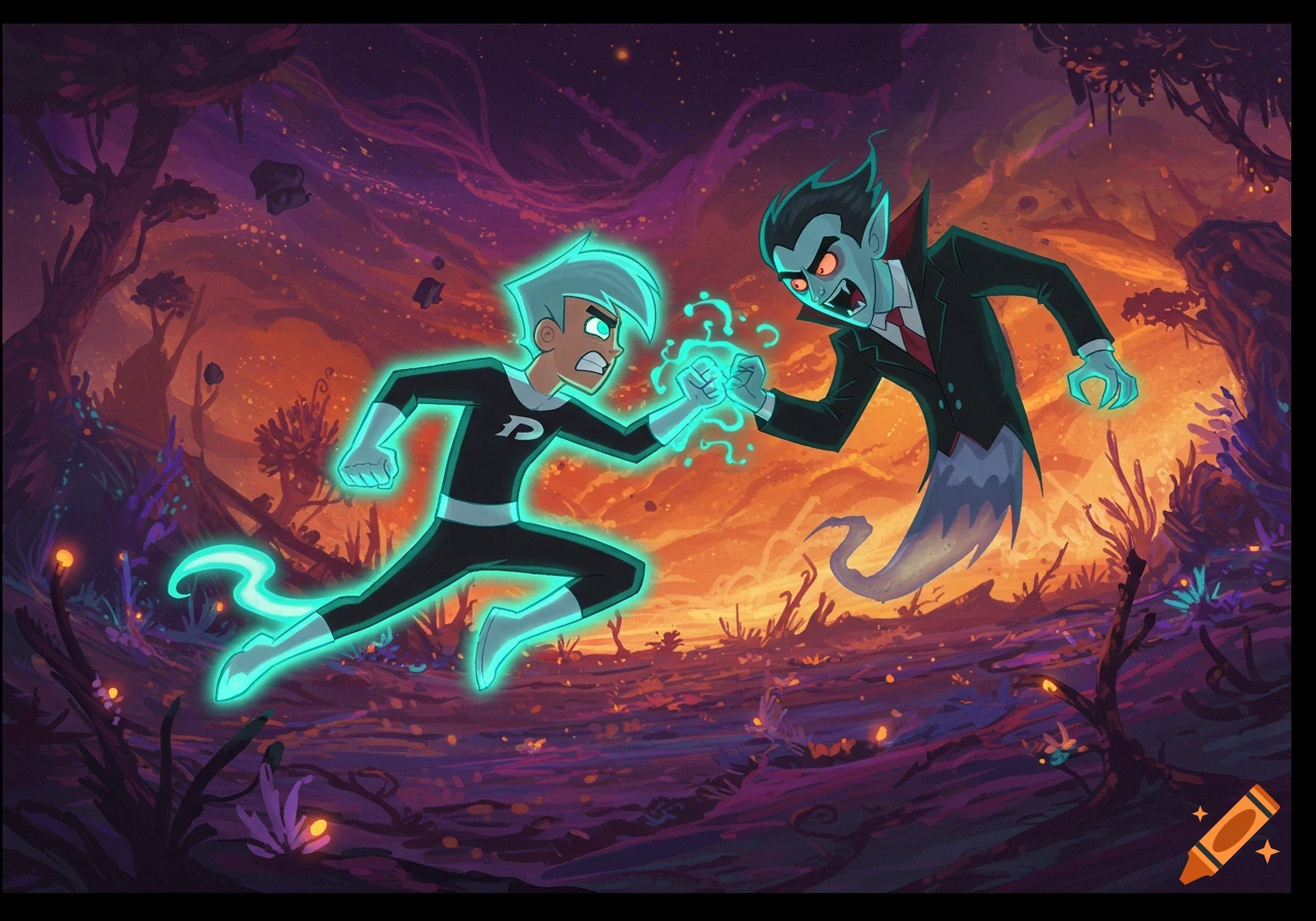 Danny Phantom, glowing green, fights a vampire ghost in a dynamic cartoon style on a vibrant, alien exoplanet.
