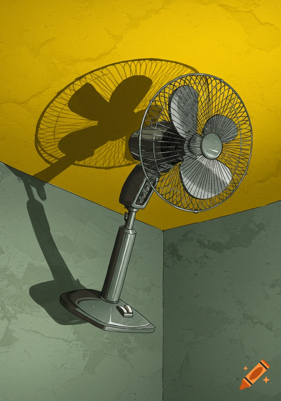 A pedestal fan stands upright in a room corner, casting a large shadow on the yellow wall and ceiling.