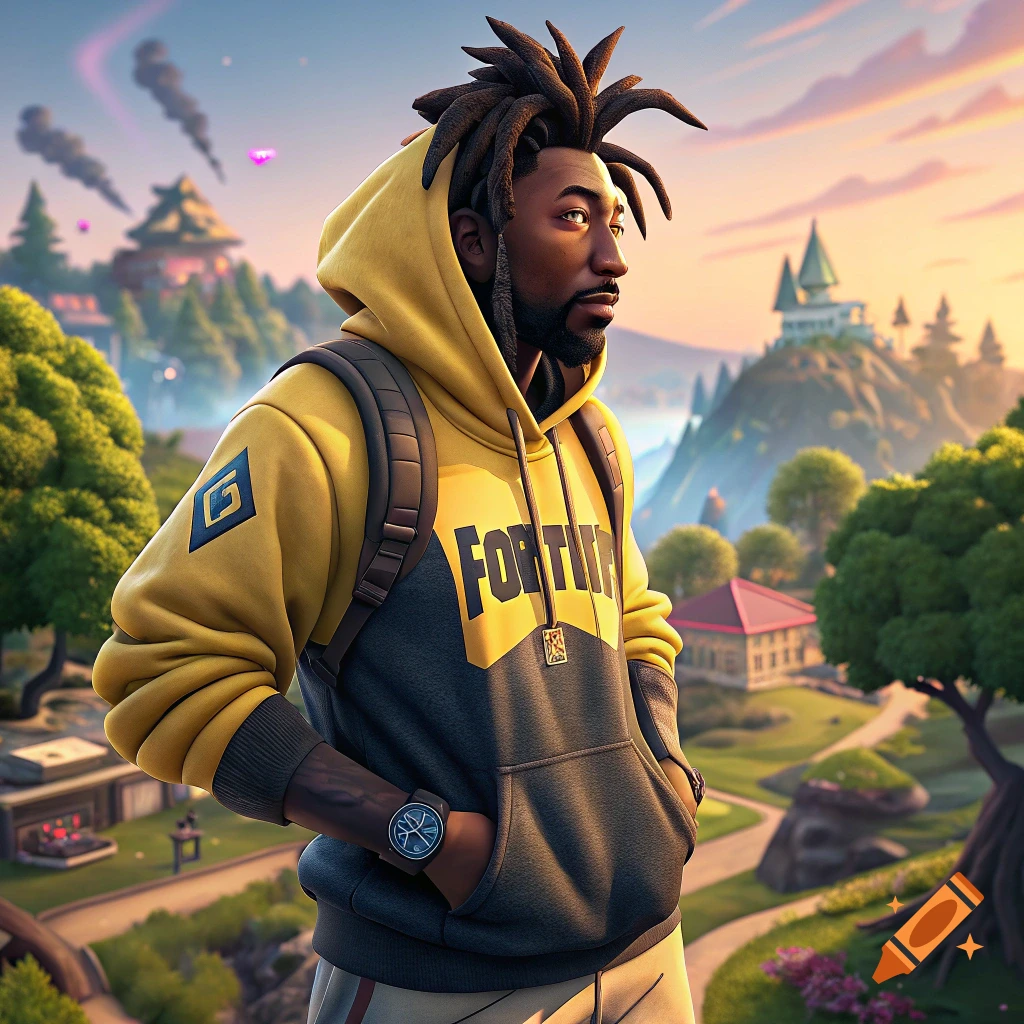 A man with dreadlocks in a yellow and gray 'Fortnite' hoodie and backpack looks over a vibrant video game landscape.