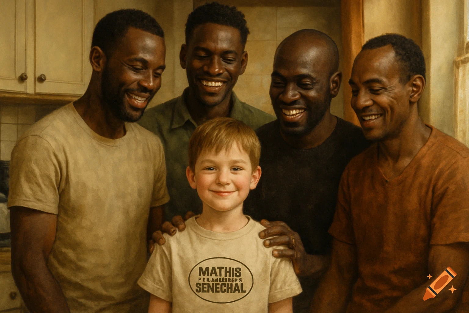 A young white boy smiles in the center, surrounded by four smiling Black men in a cozy kitchen, in a photorealistic painting style.