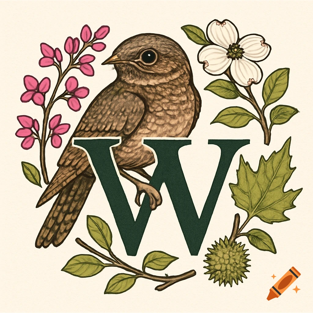 A brown bird clutching a dark green stylized letter 'W', surrounded by pink redbud blooms, white dogwood flowers, and green sycamore leaves. Illustrated style.