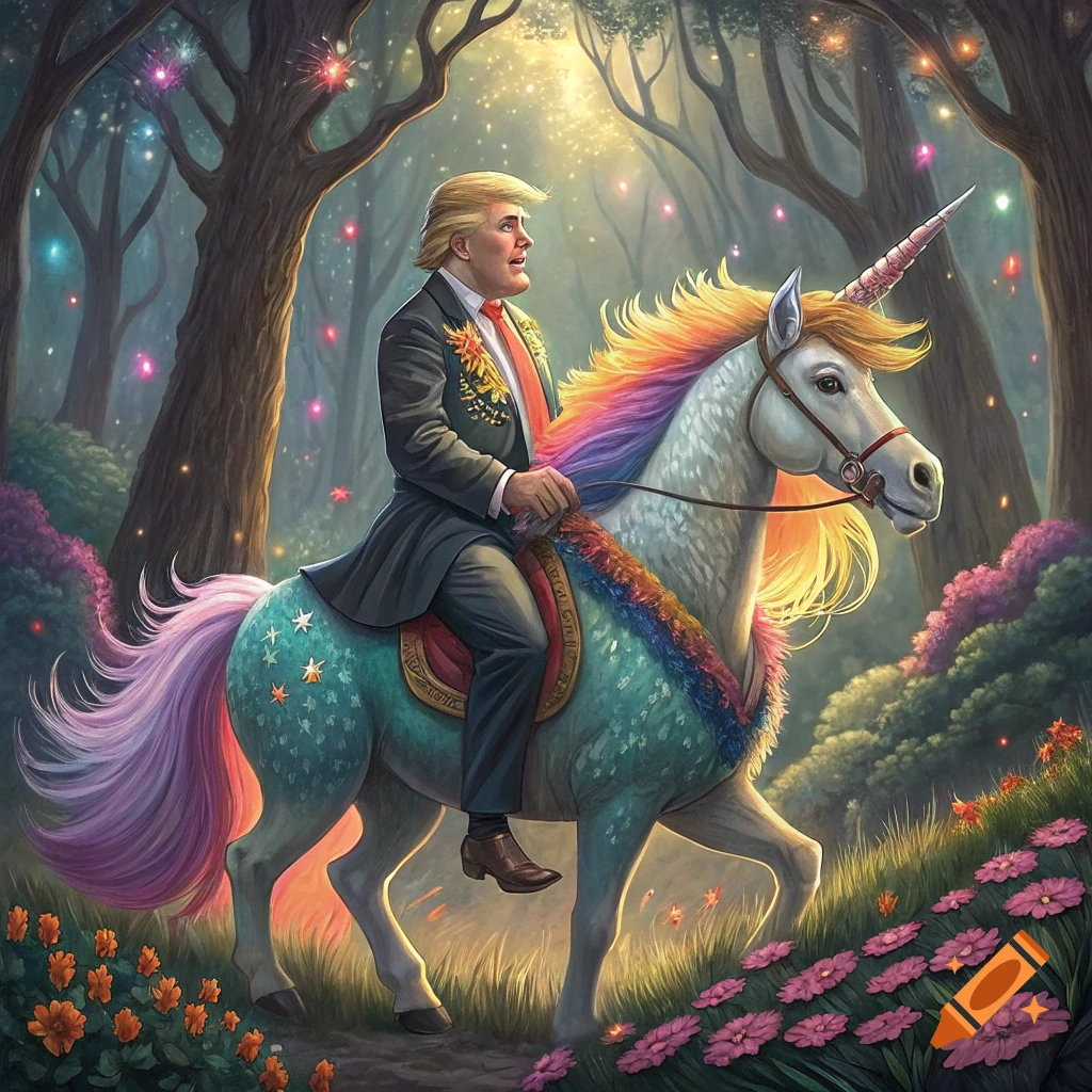 Donald Trump in a suit rides a colorful unicorn with a rainbow mane and tail through a magical, glowing forest.
