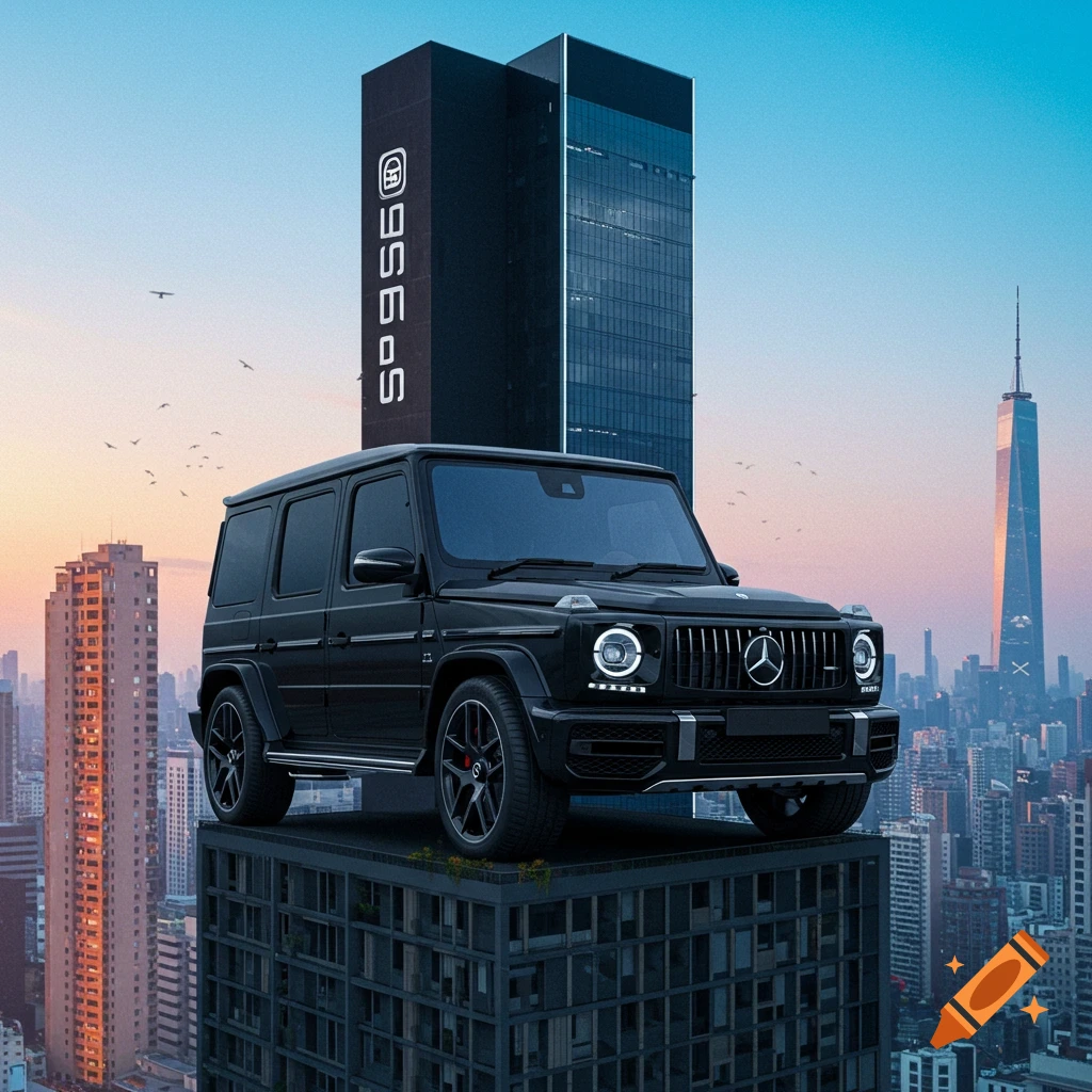 A black Mercedes G63 SUV is perched on top of a modern black skyscraper in a bustling cityscape at sunset, with other tall buildings in the background.