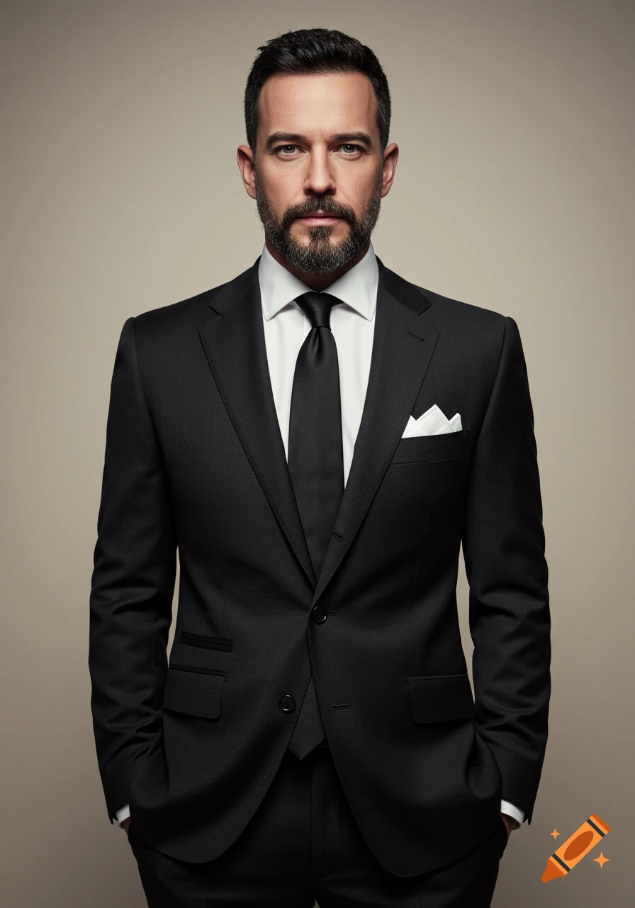 Photorealistic portrait of a man with short dark hair and beard, wearing an elegant black suit, white shirt, and black tie against a plain light background.