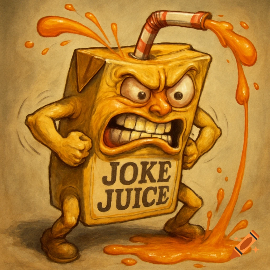 An angry, exaggerated juice box character with arms and legs, labeled 'JOKE JUICE', with orange liquid spilling from its straw.