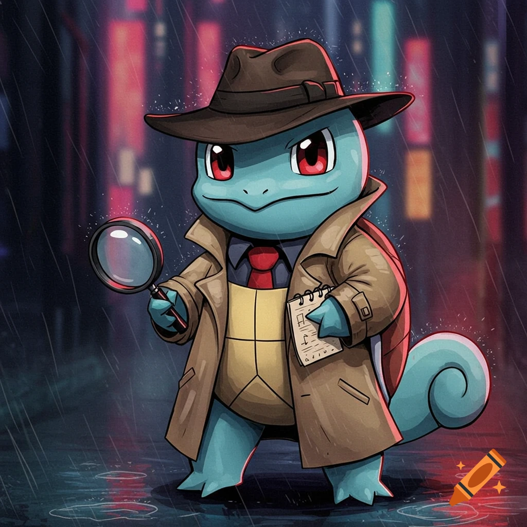 Cartoon Squirtle dressed as a detective in a trench coat and fedora, holding a magnifying glass and notepad, standing in a rainy city at night.