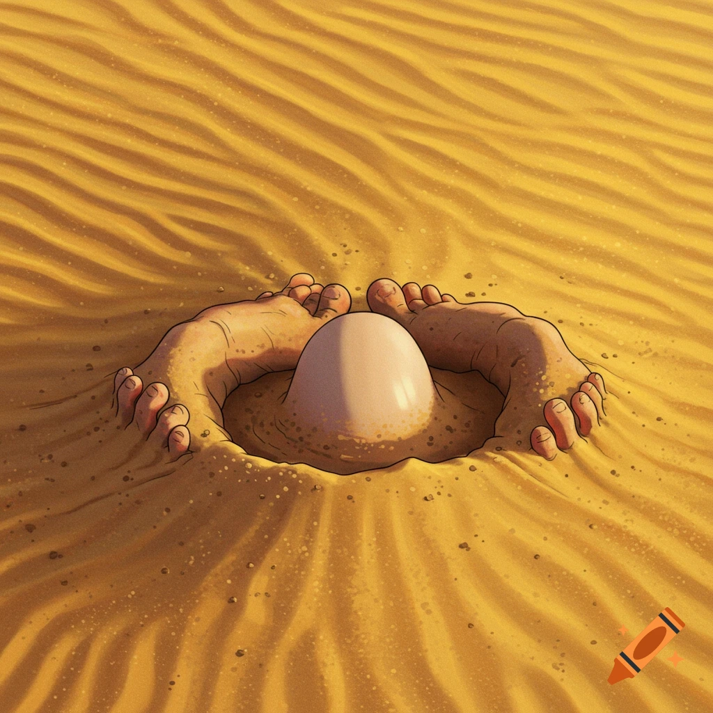 Human feet partially buried in rippled sand, surrounding a smooth, light-colored egg-shaped object in the center.