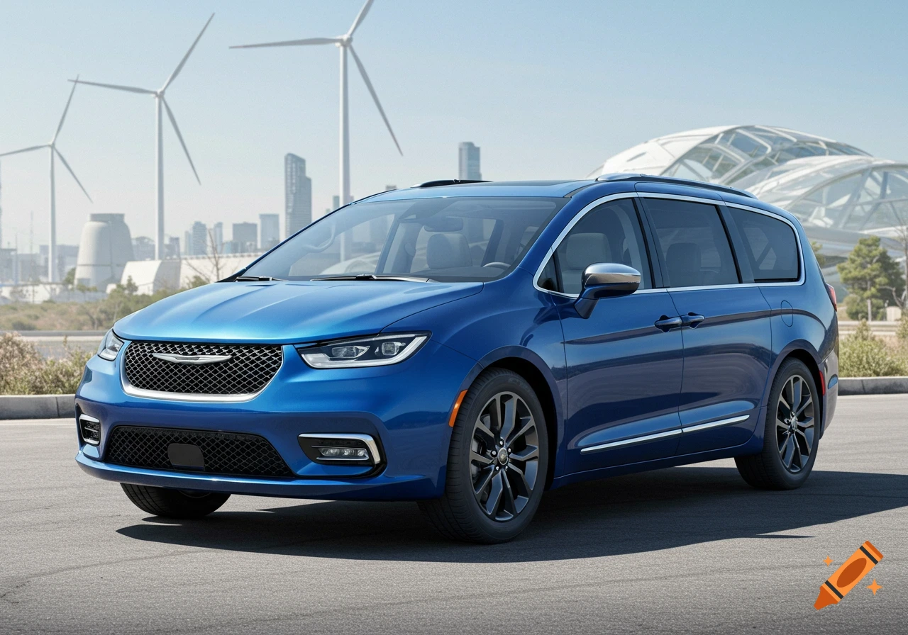 A blue Chrysler Pacifica minivan parked on asphalt with wind turbines and a modern city skyline in the background.