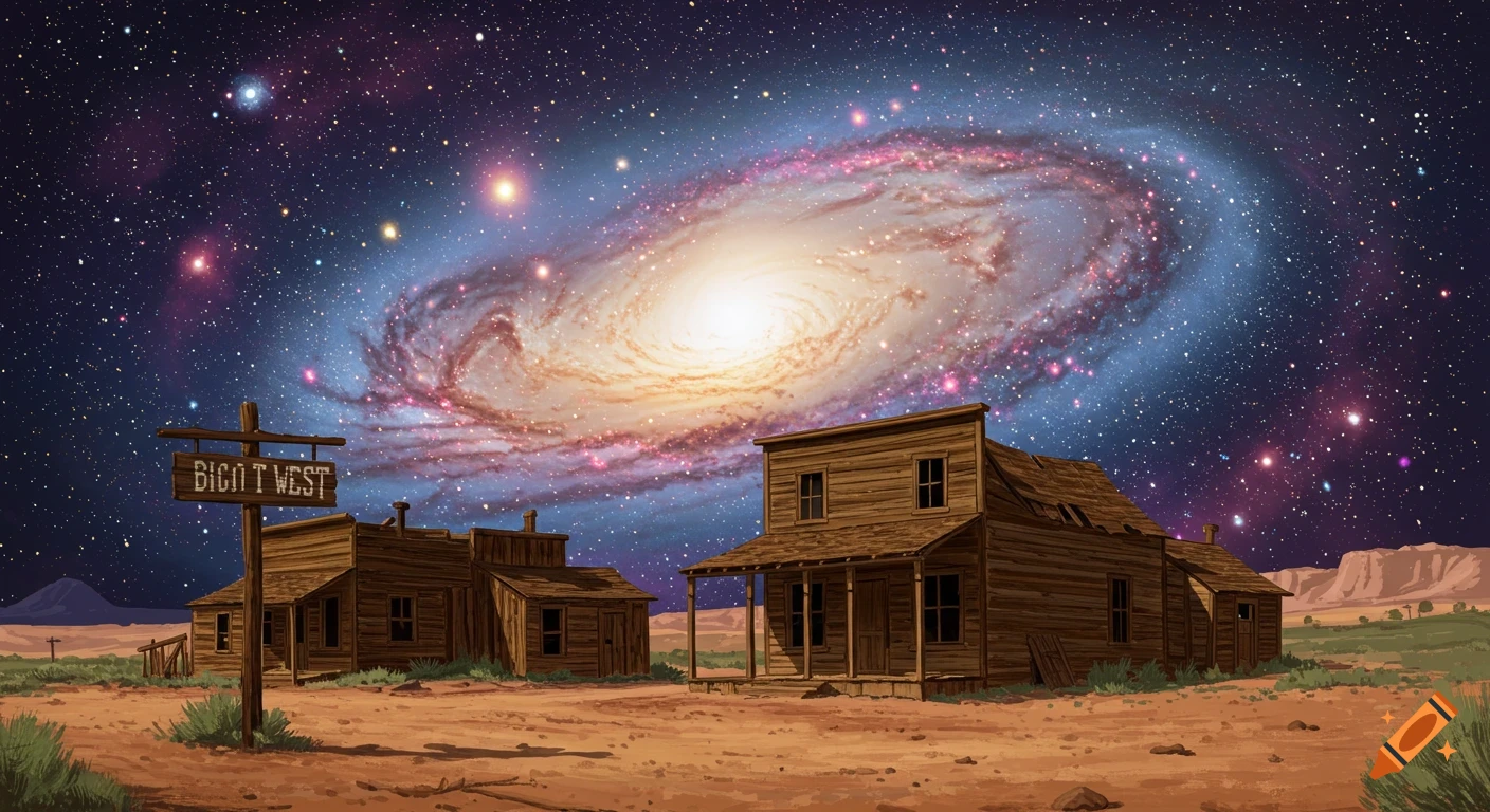 A stylized wild west ghost town with wooden buildings and a sign reading "BIG T WEST" under a vibrant, swirling galaxy sky.