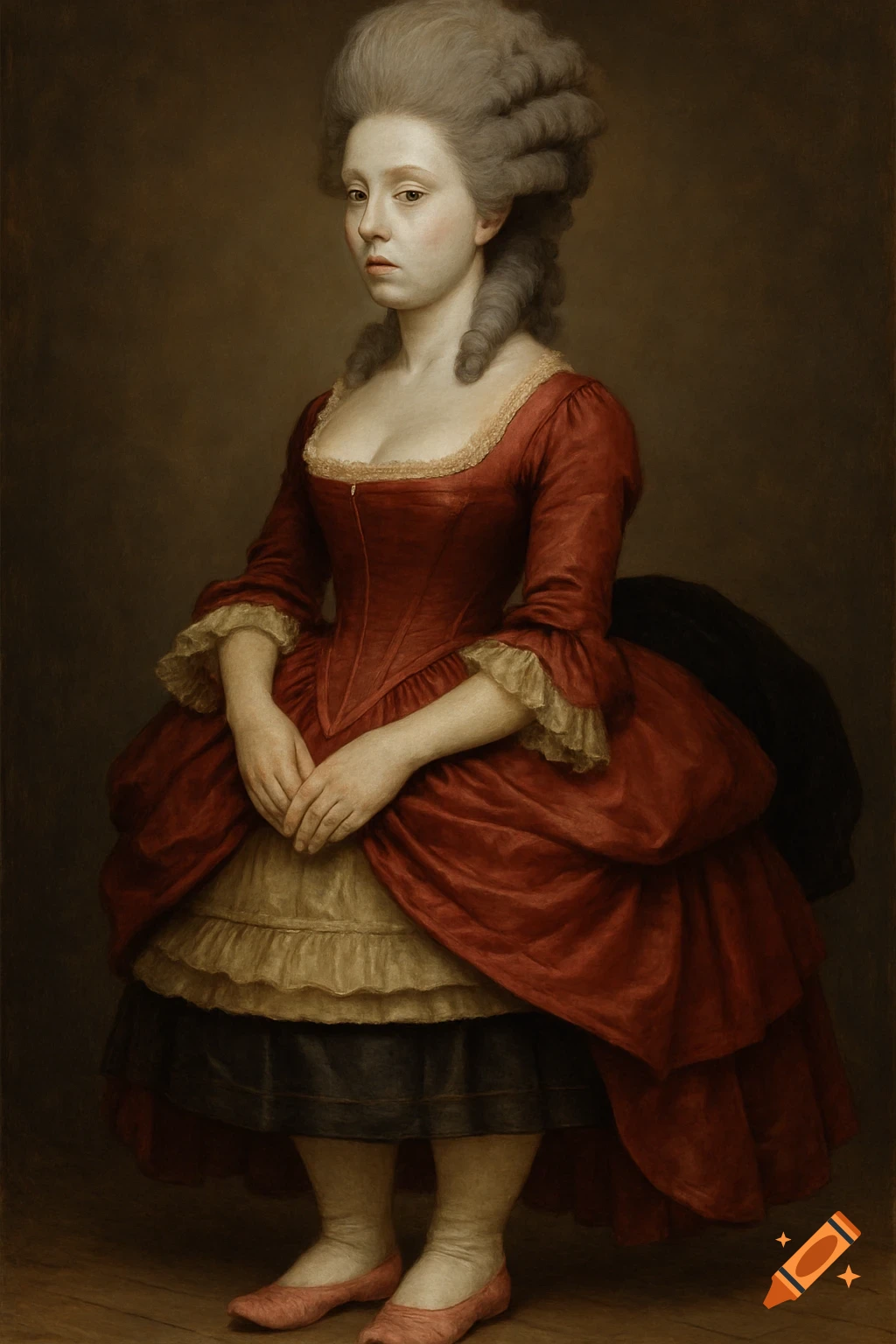 A formal oil portrait of a pale woman in an elaborate red 18th-century dress with a large gray wig, hands clasped, on a dark background.