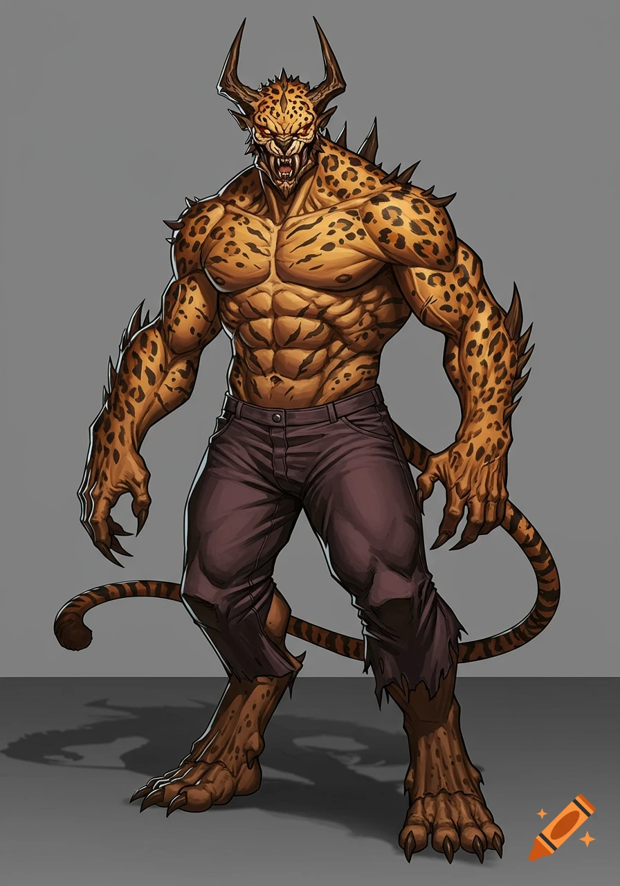 Muscular, leopard-spotted bipedal beast with horns, spikes, and claws, wearing torn pants, in a comic book art style.
