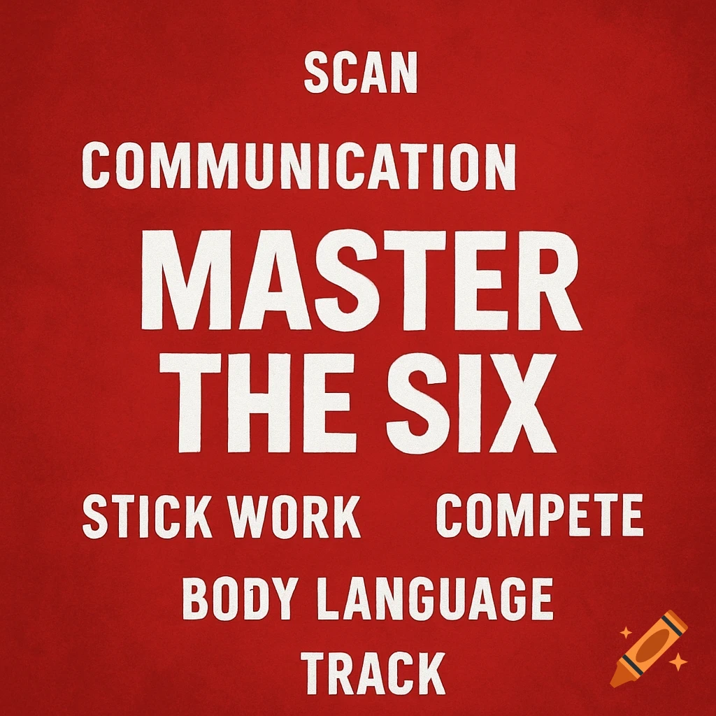 White text on a red background listing sports-related terms 'MASTER THE SIX', 'SCAN', 'COMMUNICATION', 'COMPETE', 'STICK WORK', 'BODY LANGUAGE', 'TRACK'.