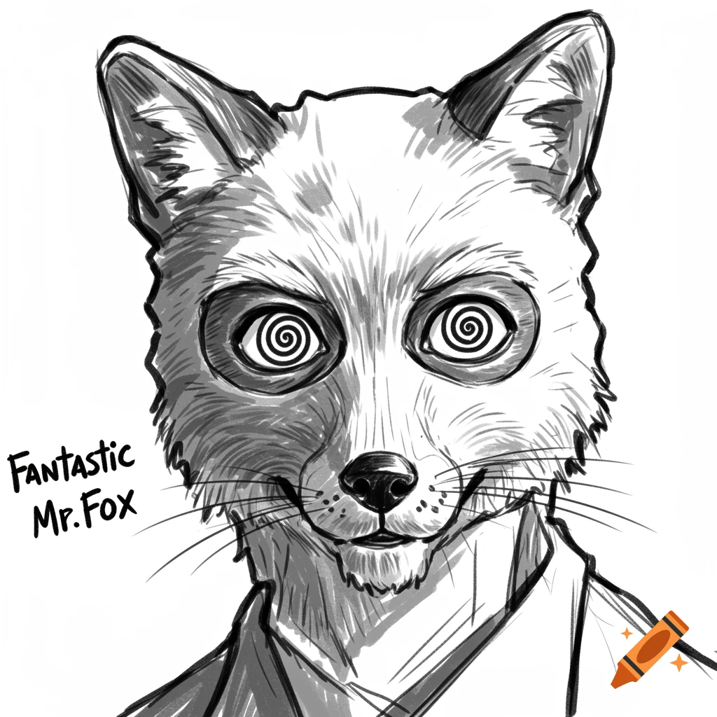 Black and white sketch of Mr. Fox with spiral eyes and a collared shirt, with text 'Fantastic Mr. Fox'.