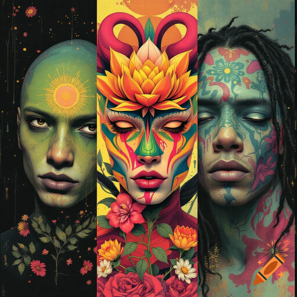 Three stylized portraits in a triptych, two with faces covered in colorful floral and abstract patterns, the central one featuring a lotus flower headpiece. Vibrant, detailed art.