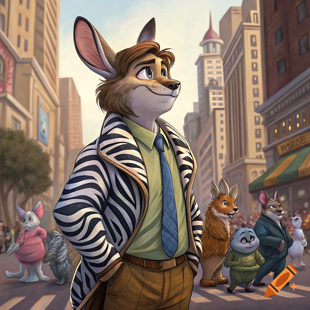 An anthropomorphic rabbit in a zebra-striped coat stands in a cartoon city street with other animal characters.