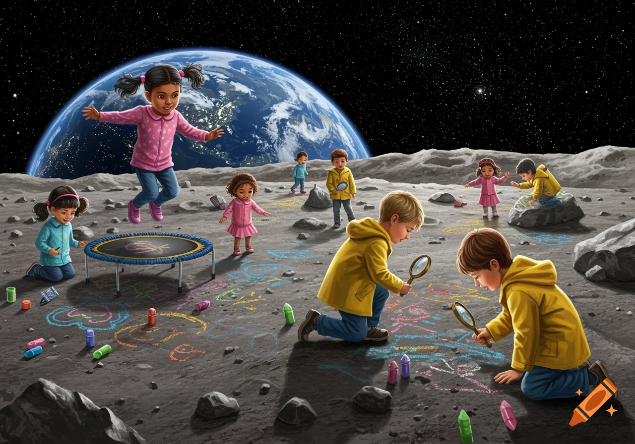 Illustrative scene of diverse children playing with chalk and a trampoline on the moon's surface, with Earth visible in the background.